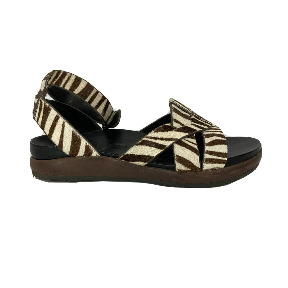 Naked Feet Sandals Womens Sz 7.5 Brown Ivory Zebra Ankle Strap Leather Buckle